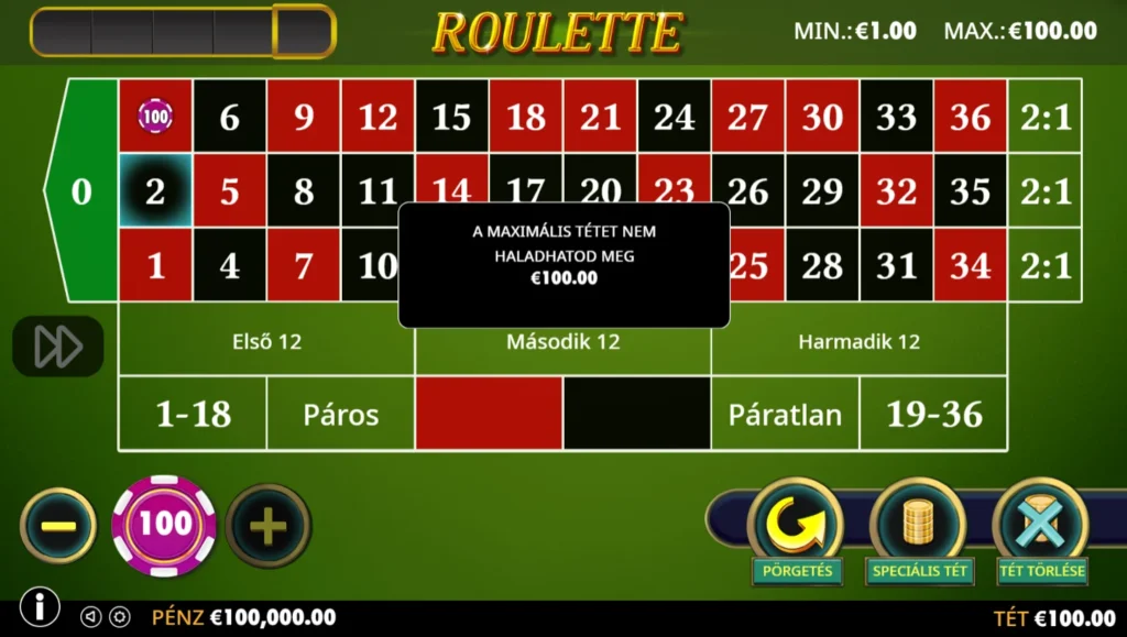 Roulette: a maximális tét plafonja 100 euró