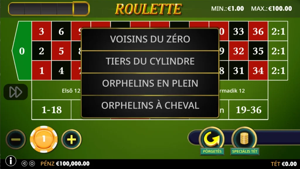 Roulette: speciális tét menü francia hívásokkal