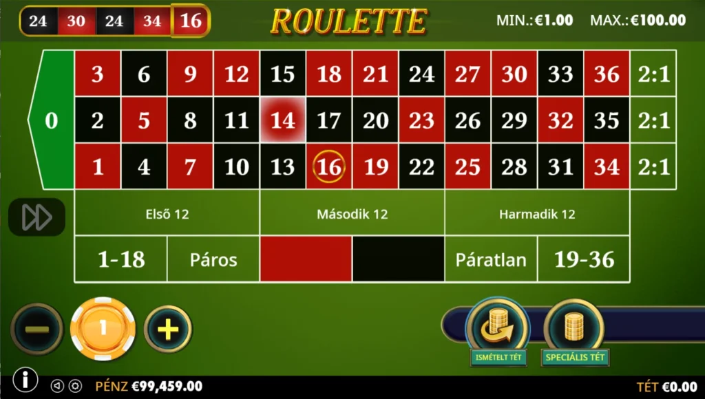 Roulette: záró egyenleg 99 459 euró a teszt után
