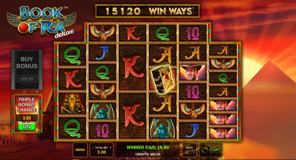 Book of Ra deluxe Win Ways: 19,80 kredites kifizetés a 76. körben 15 120 úton