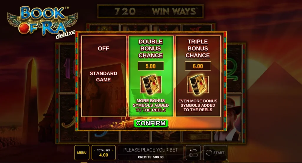 Book of Ra deluxe Win Ways: a felárválasztó képernyője dupla és tripla bónuszeséllyel