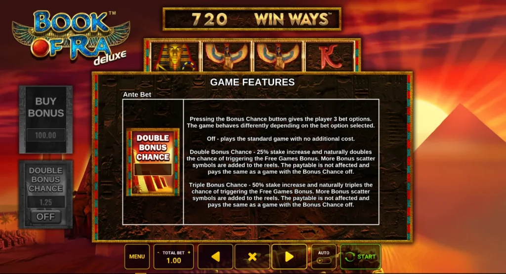 Book of Ra deluxe Win Ways: a Double és a Triple Bonus Chance felárai
