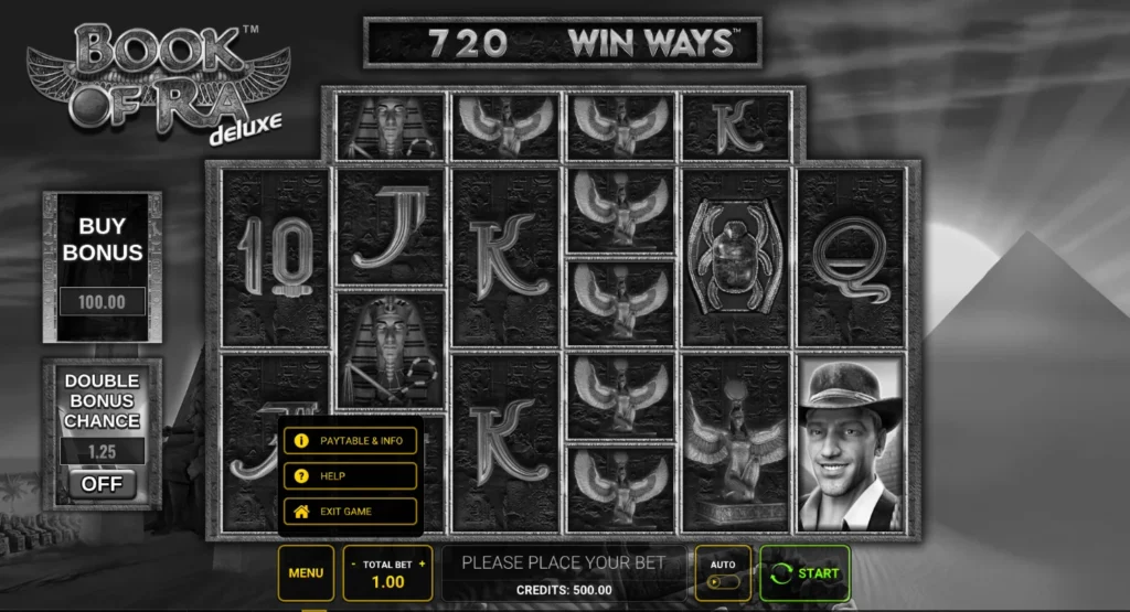 Book of Ra deluxe Win Ways: a menü három pontja – árlista, súgó, kilépés