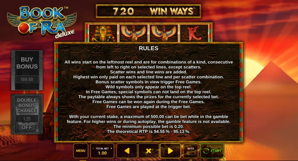 Book of Ra deluxe Win Ways: 94,55–95,13 százalékos elméleti RTP a szabálylapon
