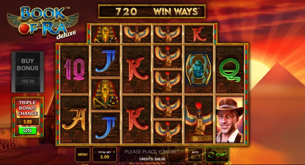 Book of Ra deluxe Win Ways: indulás 500 kredittel, bekapcsolt tripla bónuszeséllyel