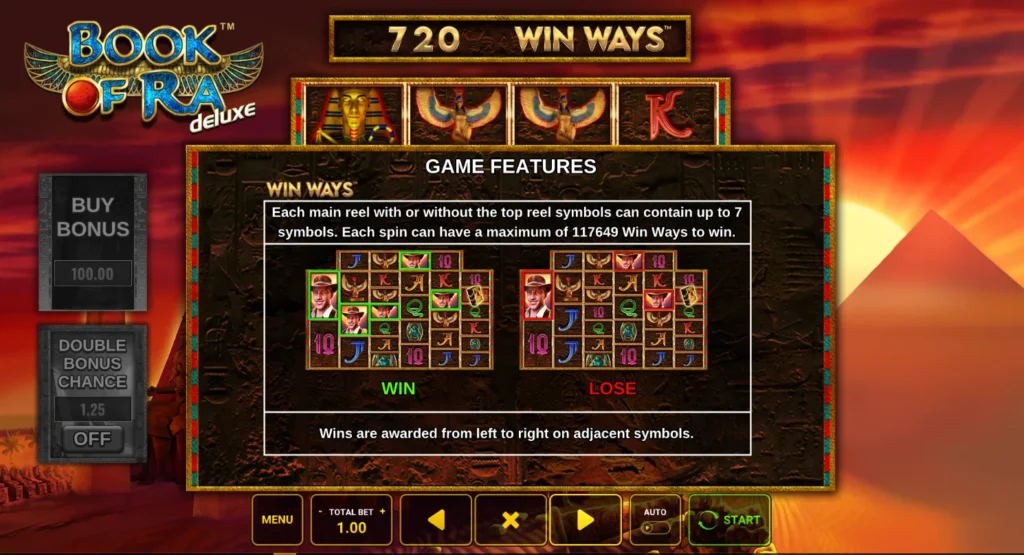 Book of Ra deluxe Win Ways: oszloponként legfeljebb hét jel, 117 649 út
