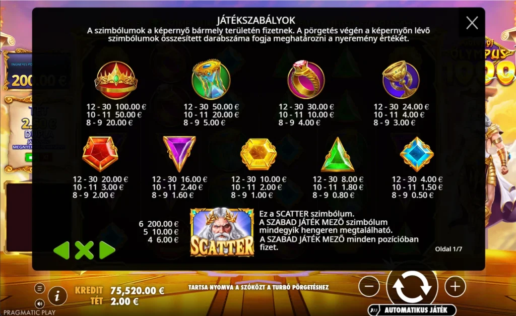 Gates of Olympus 1000: kifizetési táblázat a koronától a kék gyémántig és a scatter