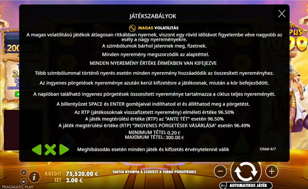 Gates of Olympus 1000: magas volatilitás, 96,50 százalékos RTP és a tétlimitek