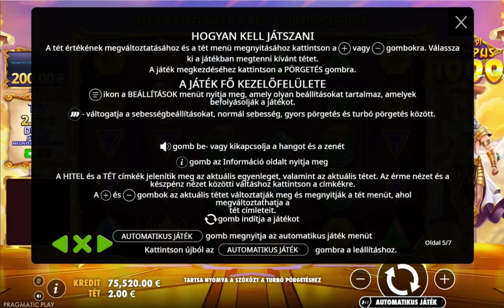 Gates of Olympus 1000: a kezelőfelület gombjai és a kredit–készpénz váltás