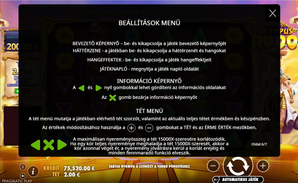 Gates of Olympus 1000: beállítások menü, tét menü és a 15 000x-es határ