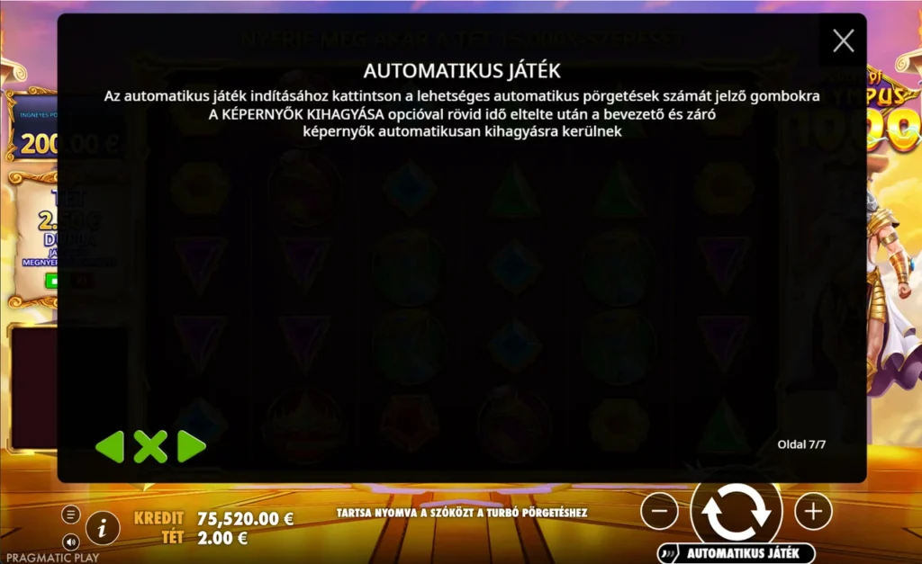 Gates of Olympus 1000: az automatikus játék beállításai
